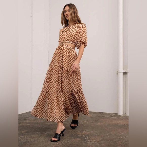 MOON RIVER ~ CHECKERBOARD ONE SLEEVE DRESS - Picture 9 of 12